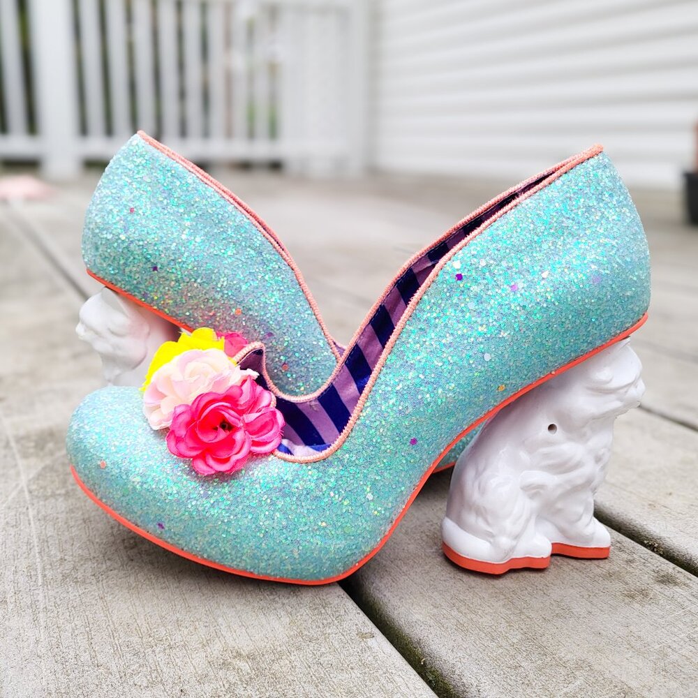 Irregular Choice "Paint Your Own" Cat Concept Heels Aqua Glitter Size 42